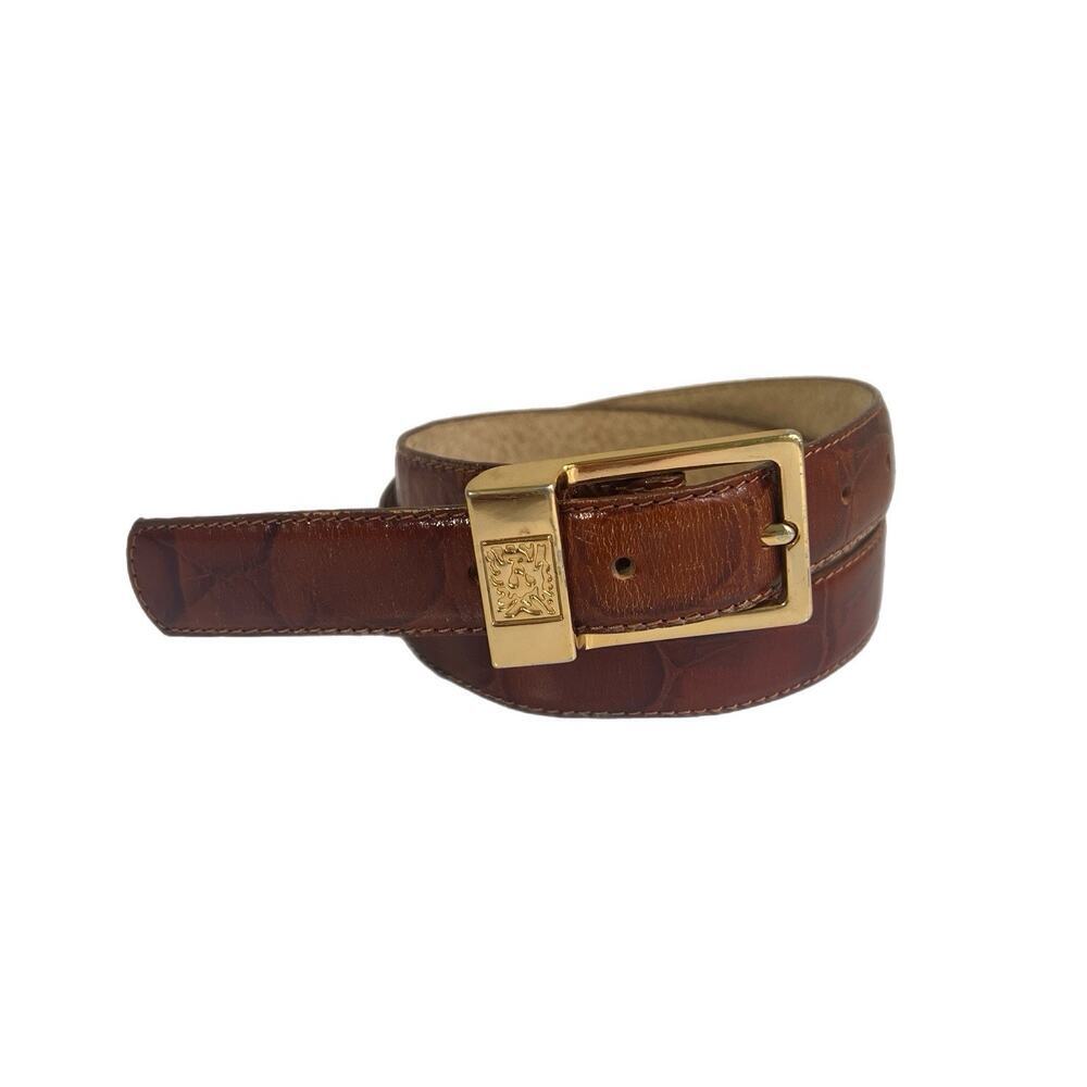 Anne Klein For Oroton Leather Crocodile Belt Gold Buckle Brown Medium Fits Small